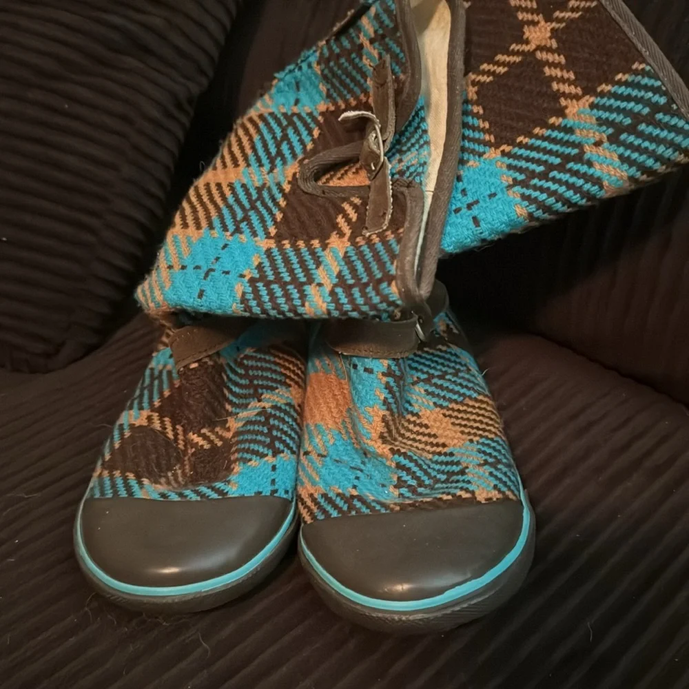 Turquoise brown plaid rain boots by sugar size 10